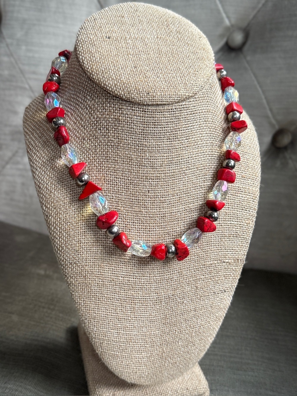 Artisan Boho Red Howlite and Iridescent Glass Crystal Beaded Toggle Necklace